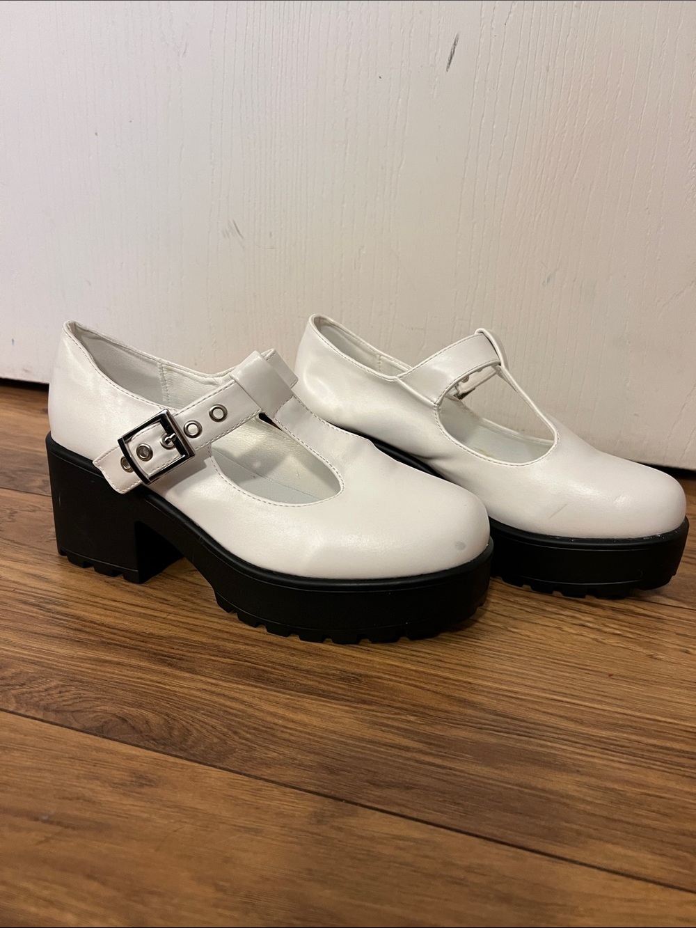 White Mary Jane Platform Heels with Buckle Strap